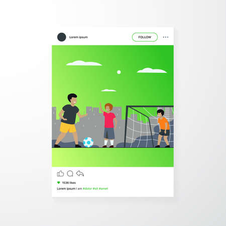 Active happy children playing football outdoors isolated flat vector illustration. Cartoon boys...