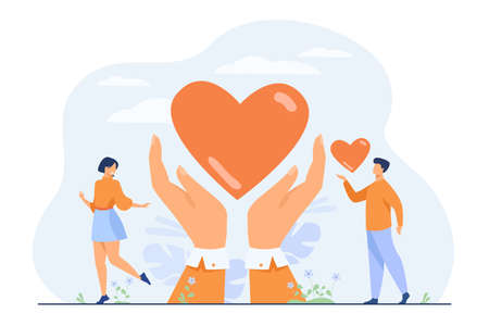 Charity and donation concept. Hands of volunteers holding and giving heart. Vector illustration for volunteering, community, assistance, help, love topicsのイラスト素材