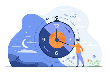 Man moving clock arrows and managing time. Planet, night and day in background. Vector illustration...
