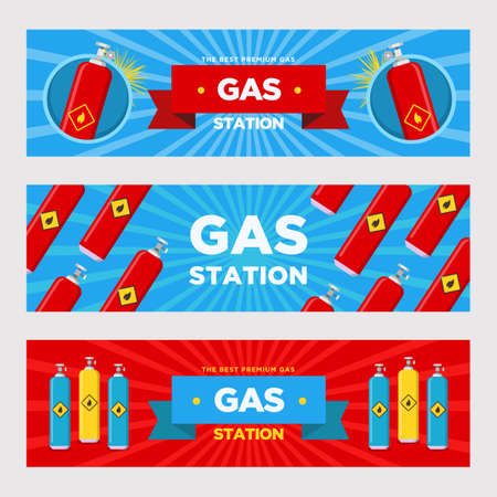 Gas station banners set. Cylinders and balloons with flammable sign vector illustrations with advertising text. Templates for fueling station flyers or signboardsのイラスト素材