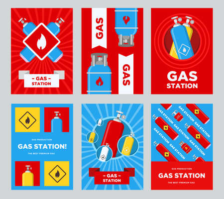 Gas station flyers set. Cylinders and balloons with flammable sign vector illustrations with advertising text. Templates for gas station posters or bannersのイラスト素材