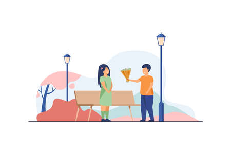 Little boy giving flowers to smiling girl. Bouquet, love, happiness flat vector illustration. Date and relationship concept for banner, website design or landing web pageのイラスト素材