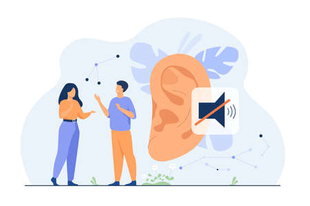 Couple of deaf people talking with hand gestures, huge ear and mute sign in background. Vector illustration for hearing loss, communication, sign language conceptのイラスト素材