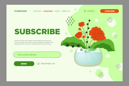 Email subscribe design with flowers in vase. Online newsletter template with mailbox and submit button. Floristics and florist family shop concept. Design for website illustrationのイラスト素材