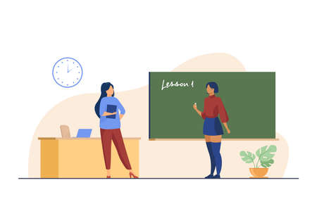 High school student standing at blackboard. Saying lesson, teacher, writing on chalkboard flat vector illustration. Class, education concept for banner, website design or landing web pageのイラスト素材