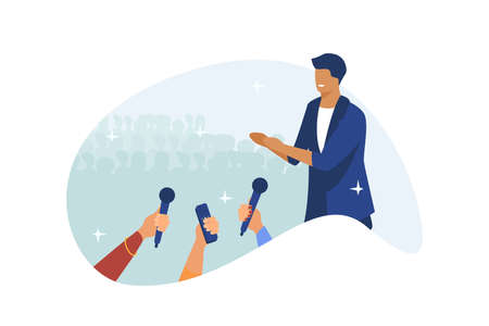 Male celebrity speaking on stage. Hands of journalists with microphones flat vector illustration. Show, performance, conference concept for banner, website design or landing web pageのイラスト素材