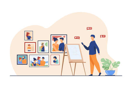 Artist working in his studio. Man painting portrait, easel, gallery flat vector illustration. Creative job, painter, craftsman concept for banner, website design or landing web pageのイラスト素材
