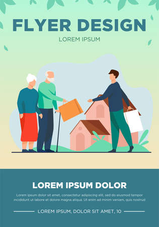 Senior couple exchanging packages with young man. House, grandfather, grandmother flat vector illustration. Communication and retirement concept for banner, website design or landing web pageのイラスト素材