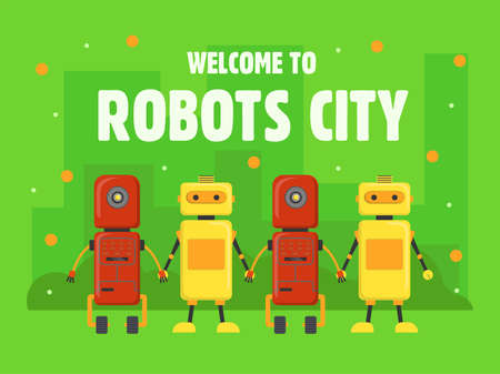 Robots city cover design. Humanoids, cyborgs, assistants holding hands vector illustrations with text on green background. Robotics concept for welcome poster, website or webpage backgroundのイラスト素材