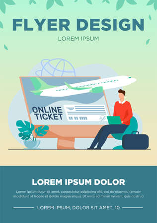Tiny man buying ticket online via laptop. Monitor, plane, baggage flat vector illustration. Travelling and digital technology concept for banner, website design or landing web pageのイラスト素材