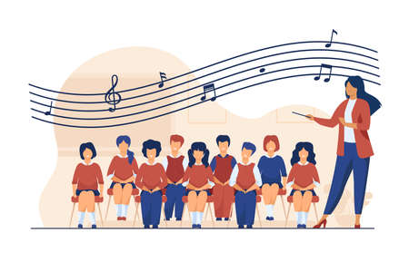 Music lesson at school. Conductor with baton standing choir of singing kids flat vector illustration. Choir, activity, hobby concept for banner, website design or landing web pageのイラスト素材