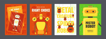 Robots colorful posters set. Humanoids, cyborgs, spiders vector illustrations with text on red, green, white background. Robotics concept for flyers and brochures designのイラスト素材