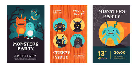 Colorful monster party invitation designs with funny creatures. Bright creepy party invitations with text. Celebration and Halloween concept. Template for leaflet, banner or flyerのイラスト素材