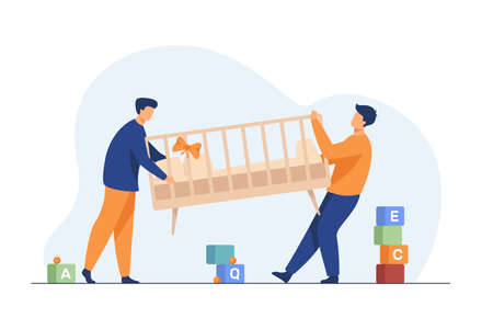 Two men carrying new child cot. Bassinet, parent, newborn flat vector illustration. Furniture and childbirth concept for banner, website design or landing web pageのイラスト素材