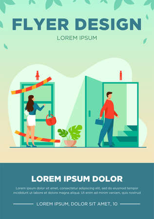 Woman knocking to locked and closed door flat vector illustration. Man entering open door and walking up stairs. Inequality in career, business opportunities. Social problem and discrimination conceptのイラスト素材