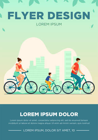 Family weekend outdoors. Man, woman, boy riding bikes in park. Parent couple cycling with son. Vector illustration for summer activity, leisure, recreation conceptのイラスト素材