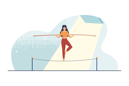 Show actress balancing on rope. Audience, acrobat, yogi flat vector illustration. Danger, risk, challenge concept for banner, website design or landing web pageのイラスト素材