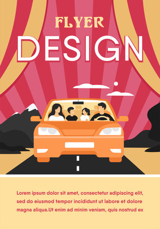 Happy family travelling in automobile isolated flat vector illustration. Front view of cartoon father, mother, son and daughter in car. Vacation and weekend conceptのイラスト素材