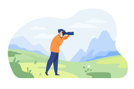 Happy travel photographer taking picture of nature isolated flat vector illustration. Cartoon character shooting mountains on camera. Photography and landscape conceptのイラスト素材