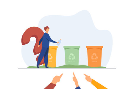 Man throwing out plastic bottle to right container. Hand, trash, waste flat vector illustration. Environment and recycling concept for banner, website design or landing web pageのイラスト素材