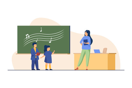 Funny children singing on music lesson. Teacher, note, chalkboard flat vector illustration. Education and creativity concept for banner, website design or landing web pageのイラスト素材
