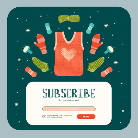 Newsletter design with knitted handmade clothes. Warm mittens, socks, sleeveless, yarn vector illustrations with subscribe button, boxes for email address. Craft concept for subscription letter designのイラスト素材