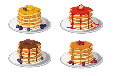 Stacks of pancakes set. Pastry with caramel or chocolate, syrups with strawberry or blueberry. Vector illustration for cooking, American breakfast, baking, menu, food conceptのイラスト素材
