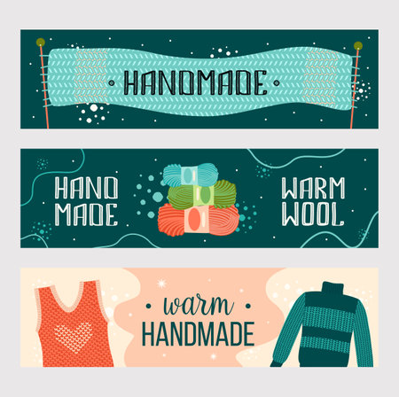 Knitted handmade clothes banners set. Warm scarf, yarn, sweater vector illustrations with text. Craft and knitting concept for flyers and brochures designのイラスト素材