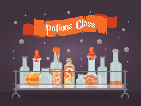 Potion class cover design. Shelf with magic bottles and bubbles, witchcraft drinks vector illustrations with text on ribbon. Witchery and Halloween concept for webpage or website background templateのイラスト素材