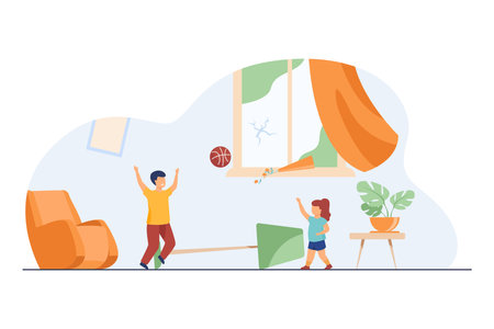 Unattended kids making chaos at home. Children playing ball indoors among mess flat vector illustration. Family, childhood, parenthood problem concept for banner, website design or landing web pageのイラスト素材