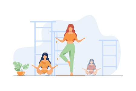 Group of women doing yoga. Class of meditation, gym, fitness club flat vector illustration. Lifestyle, stress relief, activity concept for banner, website design or landing web pageのイラスト素材