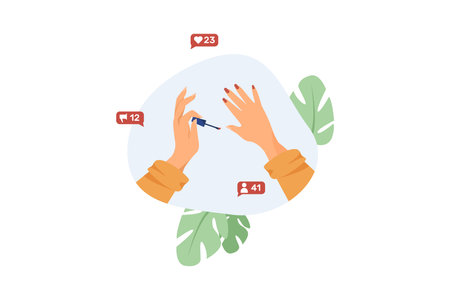 Hands of woman polishing nails. Manicure, likes, online stream flat vector illustration. Internet, beauty care, social media concept for banner, website design or landing web pageのイラスト素材