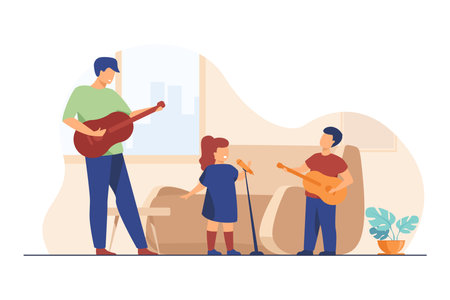 Kids and dad playing guitar and singing at home. Performance, musical instruments, song flat vector illustration. Leisure, entertainment, family concept for banner, website design or landing web pageのイラスト素材