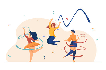 Cheerful girls training with ribbon. Rhythmic gymnastics equipment flat vector illustration. Fitness, exercise, lifestyle concept for banner, website design or landing web pageのイラスト素材
