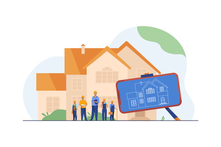 Brigade of builders standing in front of building. House project on smartphone screen flat vector illustration. Architecture, construction job concept for banner, website design or landing web pageのイラスト素材