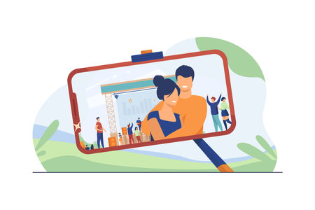 Happy couple taking selfie on concert. Cellphone with monopod, outdoor musical festival flat vector illustration. Festive event, leisure concept for banner, website design or landing web pageのイラスト素材