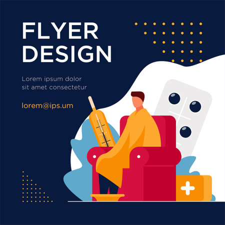 Sick man sitting in armchair under warm plaid. Pill, thermometer, virus flat vector illustration. Medicine and healthcare concept for banner, website design or landing web pageのイラスト素材