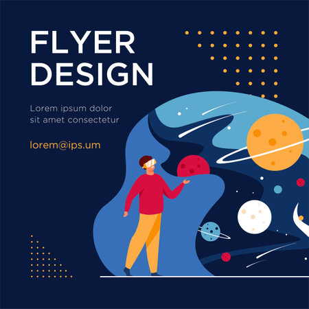 Man with VR headset in space isolated flat vector illustration. Cartoon character exploring galaxy and world in virtual reality. Education and digital technology conceptのイラスト素材