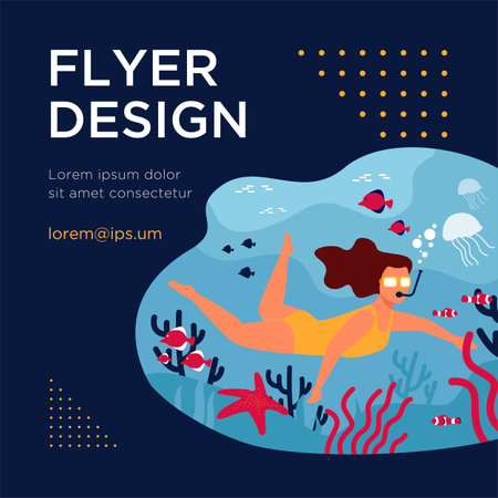 Young woman swimming with mask underwater isolated flat vector illustration. Cartoon character diving in ocean with colorful fishes. Leisure and summer activity conceptのイラスト素材