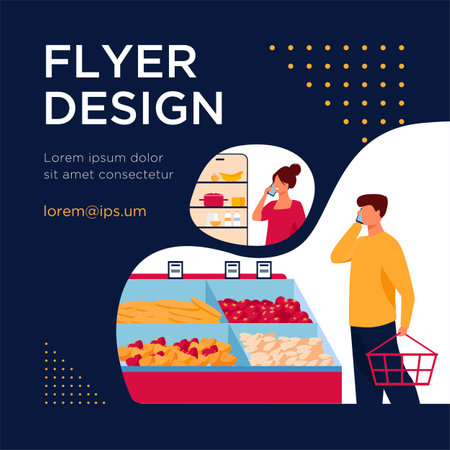 Man talking phone from grocery with woman near fridge isolated flat vector illustration. Cartoon people buying food for home and husband calling to wife. Communication and family conceptのイラスト素材