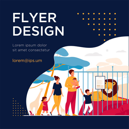 Family with kids in zoo looking at lion in cage flat vector illustration. Cartoon tourists walking in safari park together. Weekend, animals and tourism conceptのイラスト素材