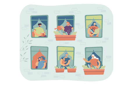 People standing at windows in their apartment, watering home plants, talking on cell, enjoying leisure. External view of building facade. For neighbors, neighborhood, city life conceptのイラスト素材
