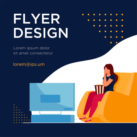 Woman watching movie or show in TV. Pop corn, living room, sitting in armchair flat vector illustration. Leisure time, entertainment at home concept for banner, website design or landing web pageのイラスト素材