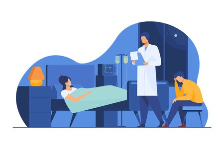 Woman suffering from hard disease. Patient on life support, doctor, hospital flat vector illustration. Illness, intensive care, medical help concept for banner, website design or landing web pageのイラスト素材