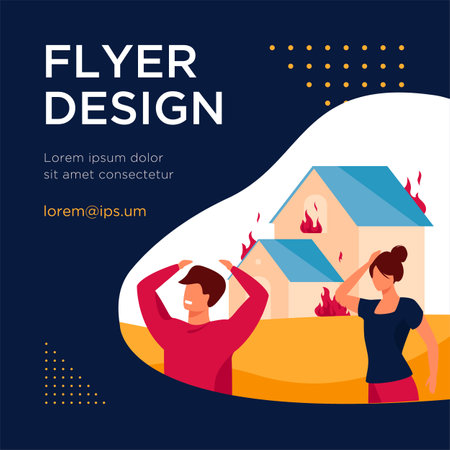 Man and woman standing outside burning house. Fire, danger. Flat vector illustration. Emergency concept can be used for presentations, banner, website design, landing web pageのイラスト素材
