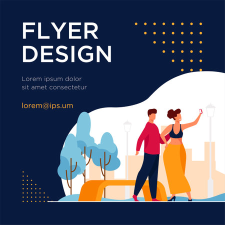 Young man and woman taking photo in park. Walking, happiness. Flat vector illustration. Selfie and memory concept can be used for presentations, banner, website design, landing web pageのイラスト素材