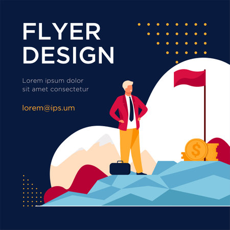 Business leader achieving goal. Businessman standing on top, flag, heap of cash flat vector illustration. Business success, leadership concept for banner, website design or landing web pageのイラスト素材