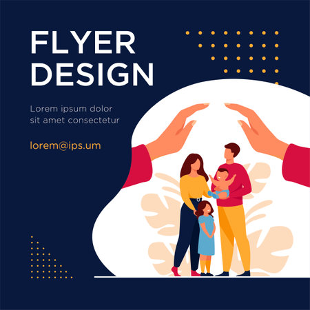 Hands protecting family with two children. Young couple of parents holding baby, standing together under human palms. For family safety, state protection, assistance, care conceptのイラスト素材