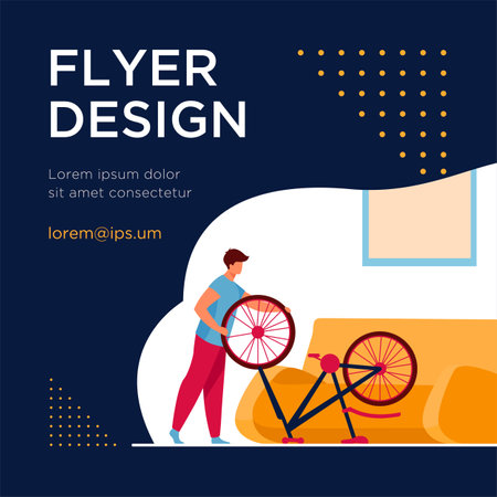 Man repairing bicycle at home. Wheel, sofa, living room flat vector illustration. Transport and maintenance concept for banner, website design or landing web pageのイラスト素材