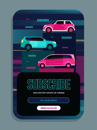 Newsletter design with New cars vector illustrations with subscribe button, box for email address Car shop and auto dealer concept for subscription letter designのイラスト素材